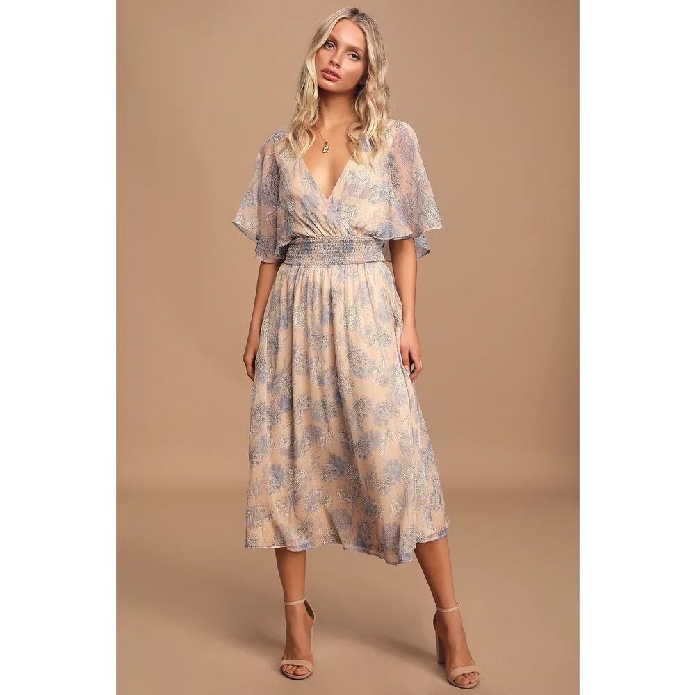 Lulus Subtle Romance Beige Floral Print Ruffled Midi Dress Large NWT Wedding